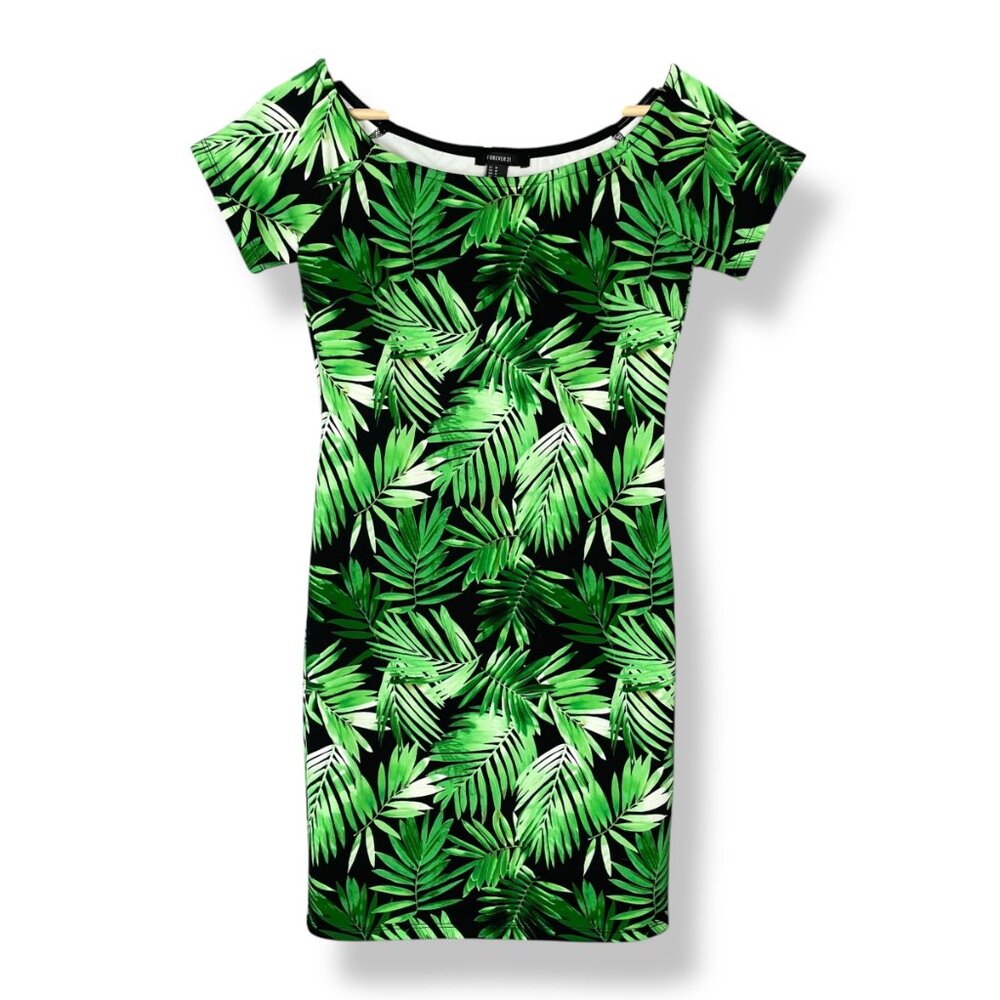 Forever‎ 21 Tropical Dress Bodycon Green Black Palm Leaves Short Sleeves Medium